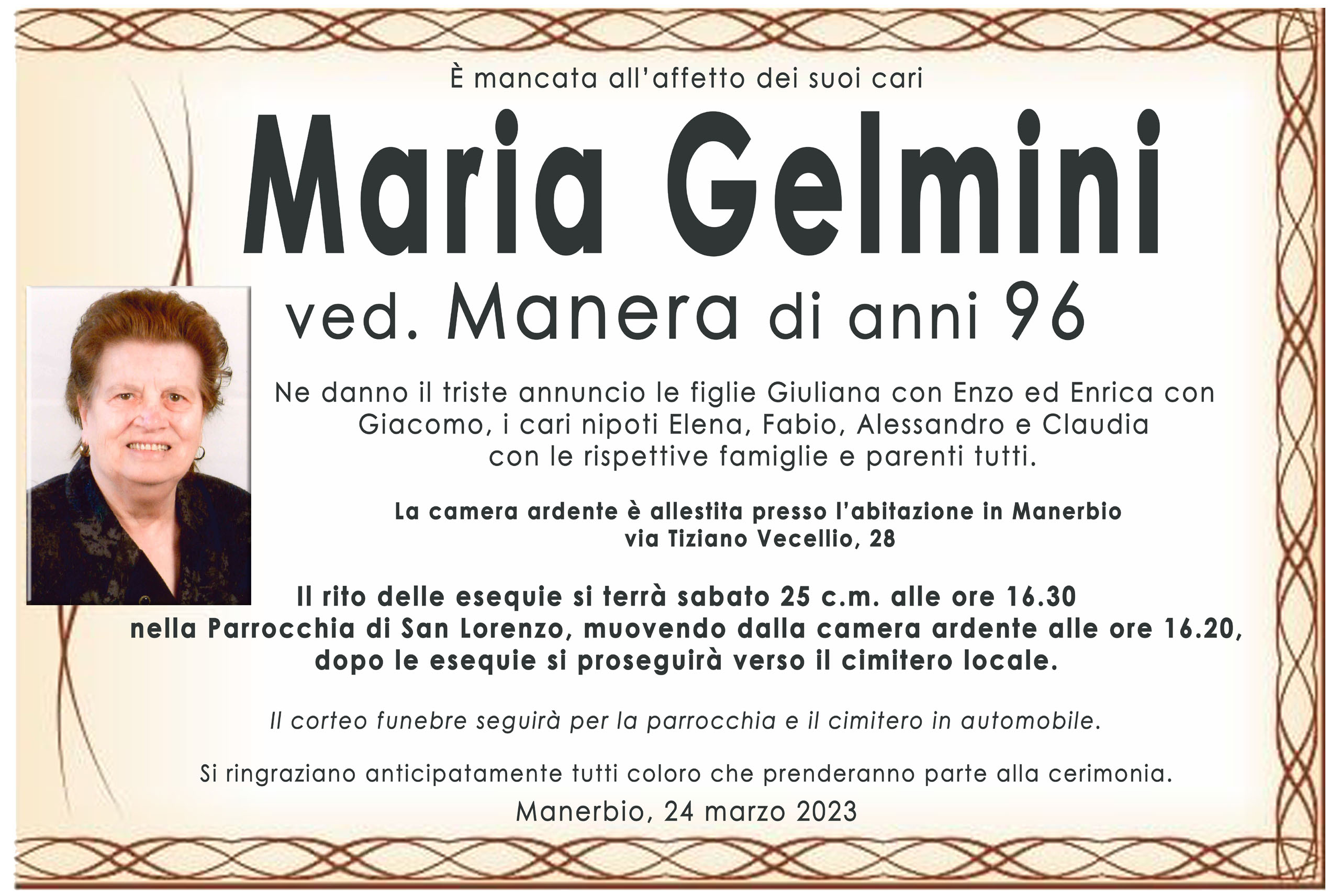 Esequie Signora Gelmini Maria | Onoranze Funebri Leali